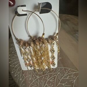 Highway Hippie Hoop Earrings with Brown Beads and Dangle Chains